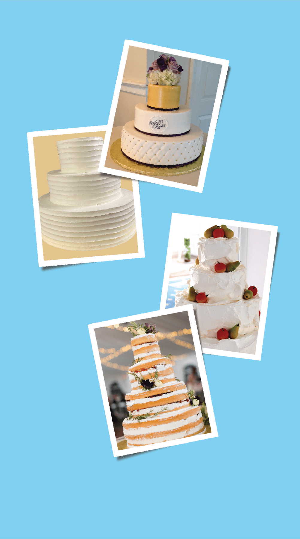 four pictures of wedding cakes